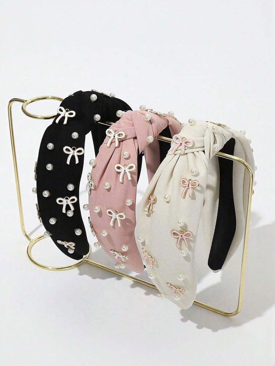 1 件甜美可爱的仿珍珠滴油蝴蝶结发带青少年，Y2K 风格蝴蝶结发饰，适合日常佩戴和婚礼，可爱的发带 - 彩色 - 查看 1