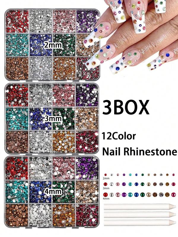 3 boîtes Kit de strass acryliques 3D pour ongles - 12 couleurs de décoration d'art pour ongles en résine avec 3 outils de pointage | Ensemble de tailles 2 mm 3 mm 4 mm pour pois/ongles 2025