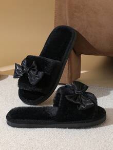 女士蝴蝶结露趾拖鞋，舒适的室内家居鞋，轻便防滑安静鞋底，款式可爱，适合春季、秋季和所有季节 - 黑色 - 查看 3