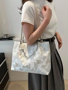 Frühlings-Neuheit, einfache unifarbene Schmetterling Damen Shopper Tasche mit großer Kapazität und Perlenkette - Blau - Übersicht 5