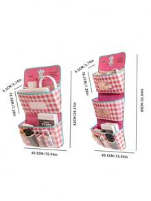 1pc Pink/Green Cartoon Pattern Fabric Two-Layer/Three-Layer Wall Mounted Large Capacity Storage Bag, With Pockets And A Storage Basket With Adhesive Hooks, Flexible And Convenient Wall Mounted Storage Bag,Bedroom Room Decor,Back To School - Multicolor - View 4