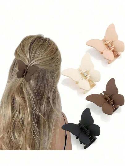 4pcs Lightweight Plastic Butterfly Hair Clips In Black/White/Brown, Fashionable Multifunctional Cute Minimalist Design Hair Accessories Suitable For Daily Wear, Parties, Commuting, Vacation, Face Washing, Bathing, Makeup And Outfit Matching