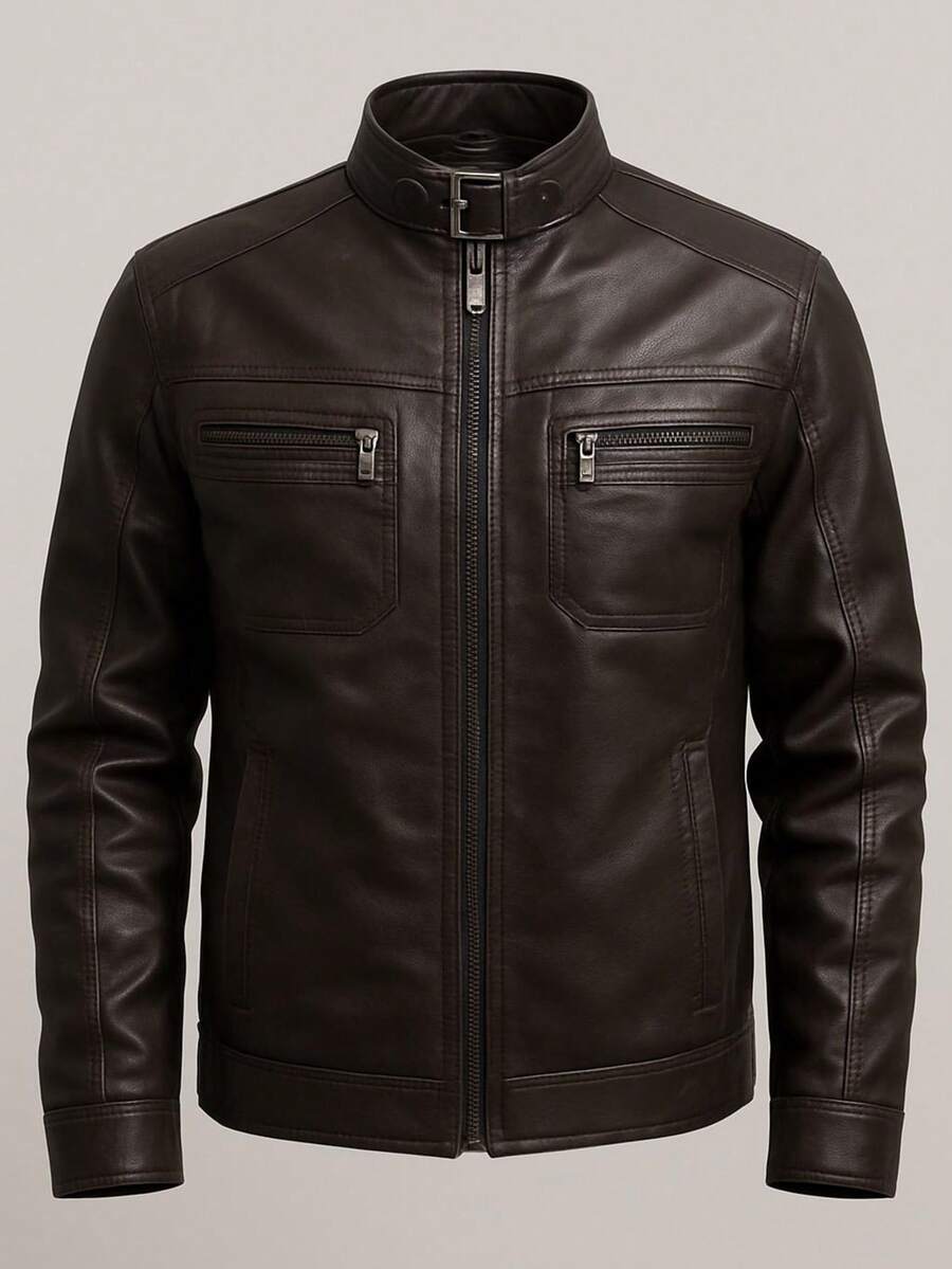 Men's Slim Lined Leather Jacket Without Hood - 鏽棕色 - 查看 1