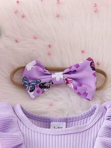 Baby Girl 2pcs Set Sweet Butterfly & Flower Print Ruffle Hem Long Sleeve Bodysuit Dress With Bow Hair Tie - Purple - View 3