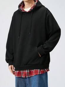 Felpa con cappuccio nera oversize, casual a quadri 2 in 1, adatta per primavera e autunno