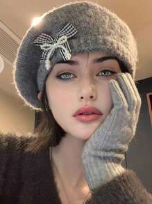 1pc Women's Bow Beret Hat, Casual Warm Knitted Fuzzy Painter Beret Cap, Large Circumference, Versatile, Suitable For Outdoor, Dating, Gathering, Daily Use, Autumn/Winter Autumn Accessories