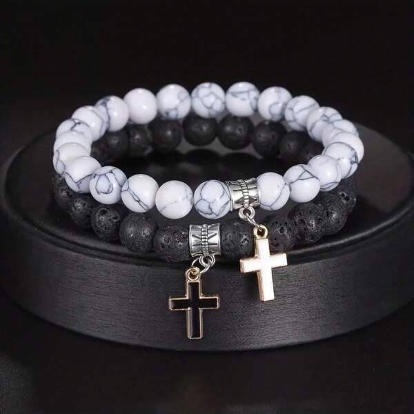 2pcs Fashion Beaded Bracelets For Men And Women Black & White Simple Cool Cross Pendant Unisex Jewelry Accessory