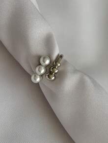 Women's Adjustable Double Ring With Pearls And Smooth Spheres, Gold Or Silver Plated, Minimalist, Delicate, Luxury - Bạc - Xem 2