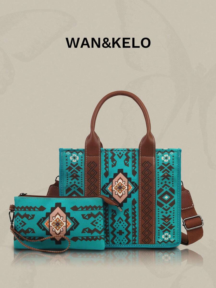 2pcs/Set Bohemian Vintage Women Handbag & Crossbody Shoulder Tote Bag With Wallet - Màu ngọc lam - Xem 1