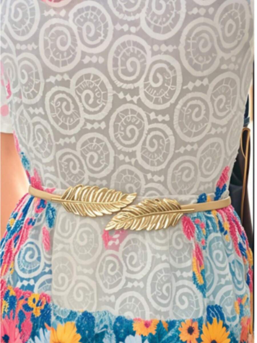 1条女士水钻装饰时尚细腰带 - 金色 - 查看 1