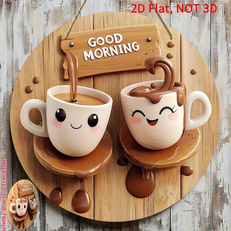 2D Flat, One Piece Round Wooden Wall Hanging Sign, 2D Flat Printing, 8x8inch, Morning Tea Theme, Suitable For Various Handmade Effects, Suitable For Bar, Kitchen, Coffee Shop, Home Living Room, Office Decoration, Home Decoration, Holiday Gifts, 2D Flat - 8吋 - 查看 1