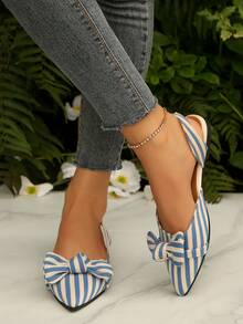 Blue & White Pointed Toe Flat Shoes With Bowknot Design, Hollow-Out Loafers, Elegant Casual Slip-On Flats For Women, Fall, Spring/Autumn