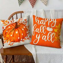 4pcs Festive Autumn Thanks Giving Harvest Pumpkin Pillow Covers, Room Decor, Suitable For Living Room And Bedroom, Comfortable Seasonal Cushion Covers, Bright Pumpkin Maple Leaf Pattern Design, Suitable For Home To Create A Festive Atmosphere, Fall Decor, Is Gift For Family, Friends And Colleagues, Single-Sided Printing, 18x18inches, Does Not Include Pillow,Christmas Decoration