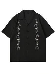 极简刺绣衬衫，对称花卉刺绣，鸽子花衬衫，休闲装，男士衬衫 - 黑色 - 查看 1