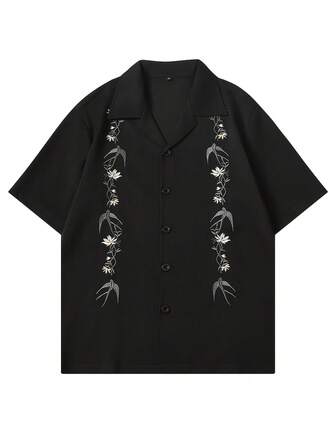 极简刺绣衬衫，对称花卉刺绣，鸽子花衬衫，休闲装，男士衬衫