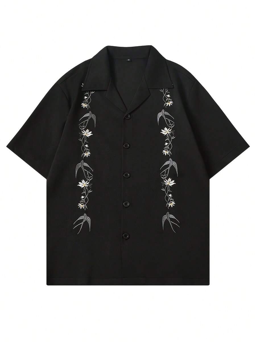 极简刺绣衬衫，对称花卉刺绣，鸽子花衬衫，休闲装，男士衬衫 - 黑色 - 查看 1