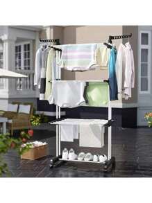 SUSZARKA DO PRANIA DUŻA XXL NA UBRANIA I BIELIZNĘ STOJĄCA SKŁADANA CZARNO-niebieski balkon, pralnia, wolnostojąca pionowa 'Suszarka do ubrań, składana suszarka do ubrań ze stali nierdzewnej, mobilna suszarka do ubrań, z 4 kółkami, drążki do suszenia ubrań, ubrania, suszarka' 4-poziomowa, na kółkach, regulacja szerokości, składane skrzydła, suszarka do ubrań, wieszak na ubrania.