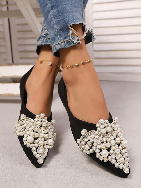 New Rhinestone & Pearl Decor Low Heel Pointed Toe Flat Shoes, Black, Plus Size
