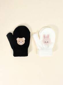 2双幼儿秋冬高弹力针织保暖手套，婴儿童可爱刺绣连指手套，宝宝防抓/咬手套，适合日常休闲穿着和冬季保暖单层手套 - 2雙 - 查看 12