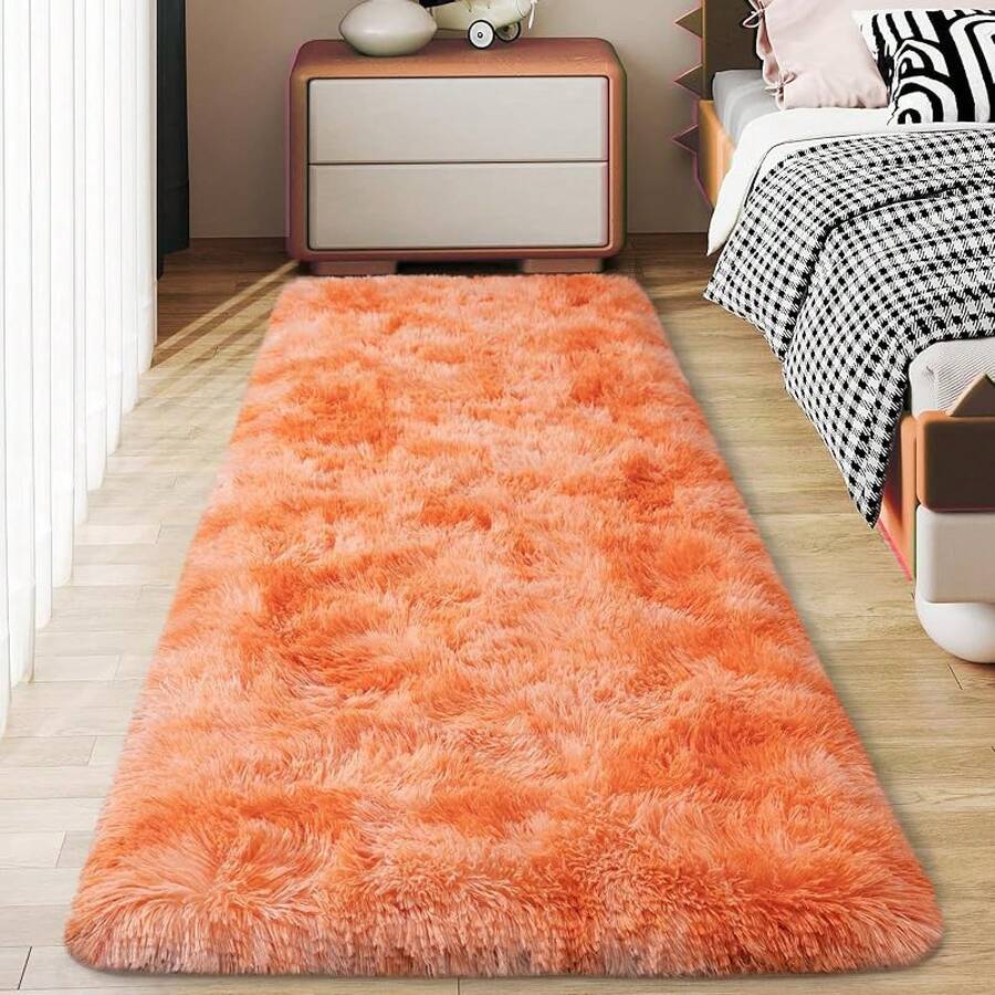 Soft Fluffy Shag Throw Area Rug, 2x4 Black, Non-Slip Bedroom, Hallways, Bedside, Dorm, Living Room - Long Shaggy Rug - Warna Oranye Tie-Dye - View 1