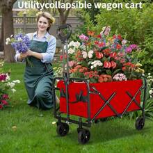 Heavy Duty All-Terrain Red Foldable Wagon, Stainless Steel Frame With 600D Oxford Fabric Material, Portable Multifunctional Camping/ Gardening/ Wheeled Shopping Cart/ No Assembly, Garden Tool Storage Rack, Sturdy Handle Design, Durable Construction, - Red - View 7