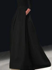 优雅纯色口袋领连衣裙 - 黑色 - 查看 4
