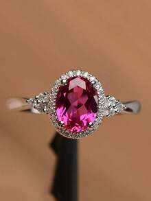 1 PC Elegant Promise Ring Set With Square Round Crimson Sparkling Water Diamond Wedding Jewelry For Bridal Party Decoration Perfect Anniversary Gift - 銀色 - 查看 4