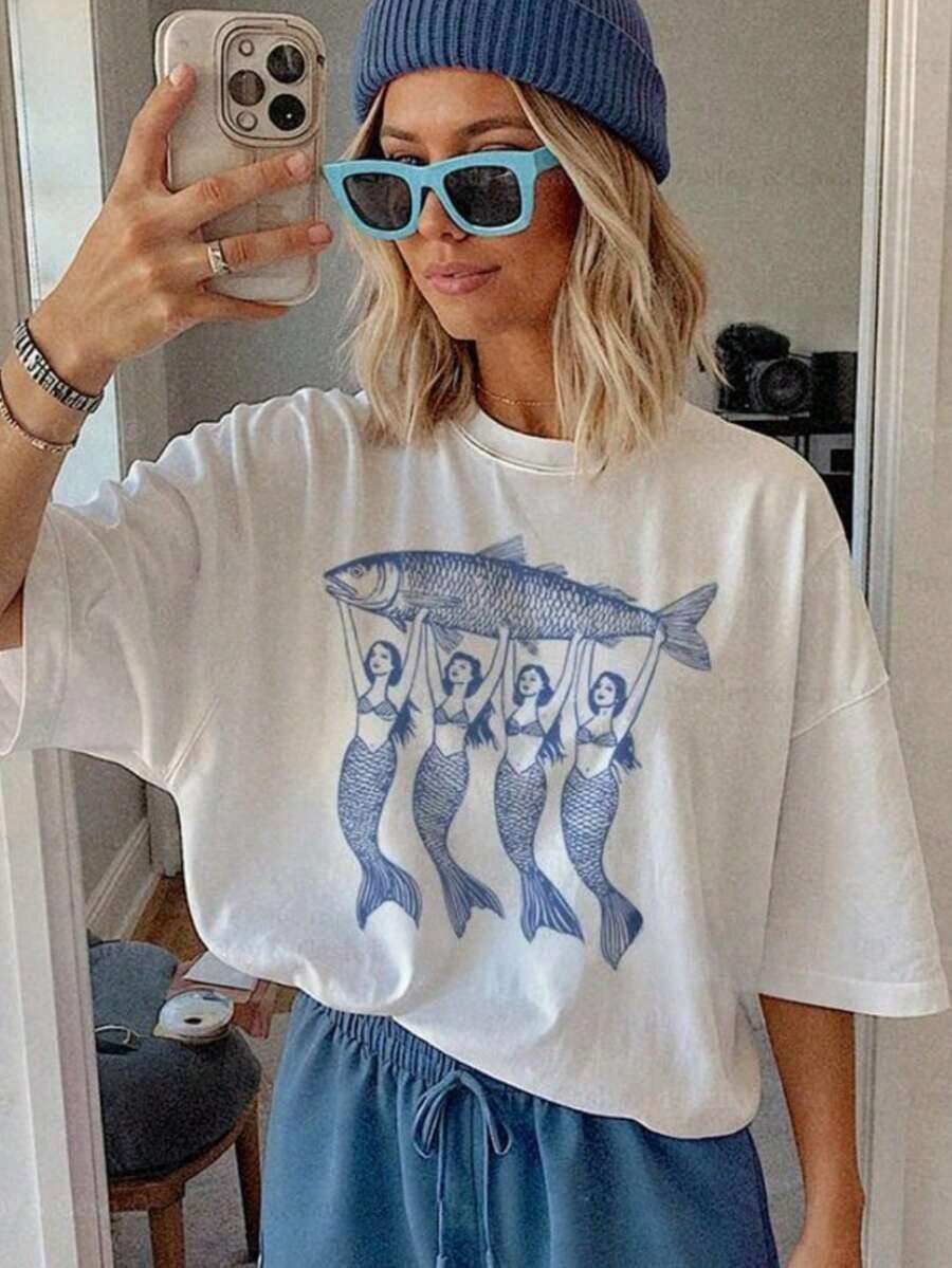 Sardine Graphic Tee Mermaid Sardine Shirt La Dolce Vita TShirt Tinned Fish Shirt Amalfi Aesthetic Clothes   Leisure   Cotton Women Clothing - 白色 - 查看 1