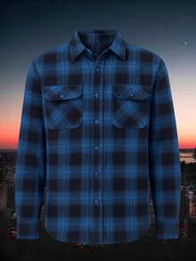 Mens Checkered Flannel Front Button-Up Casual Long Sleeve Shirt Date Night Husband   Plaid    Fall  Spring  Spring/Fall  Winter  All    Regular Fit    Button - Navy Sky - View 1