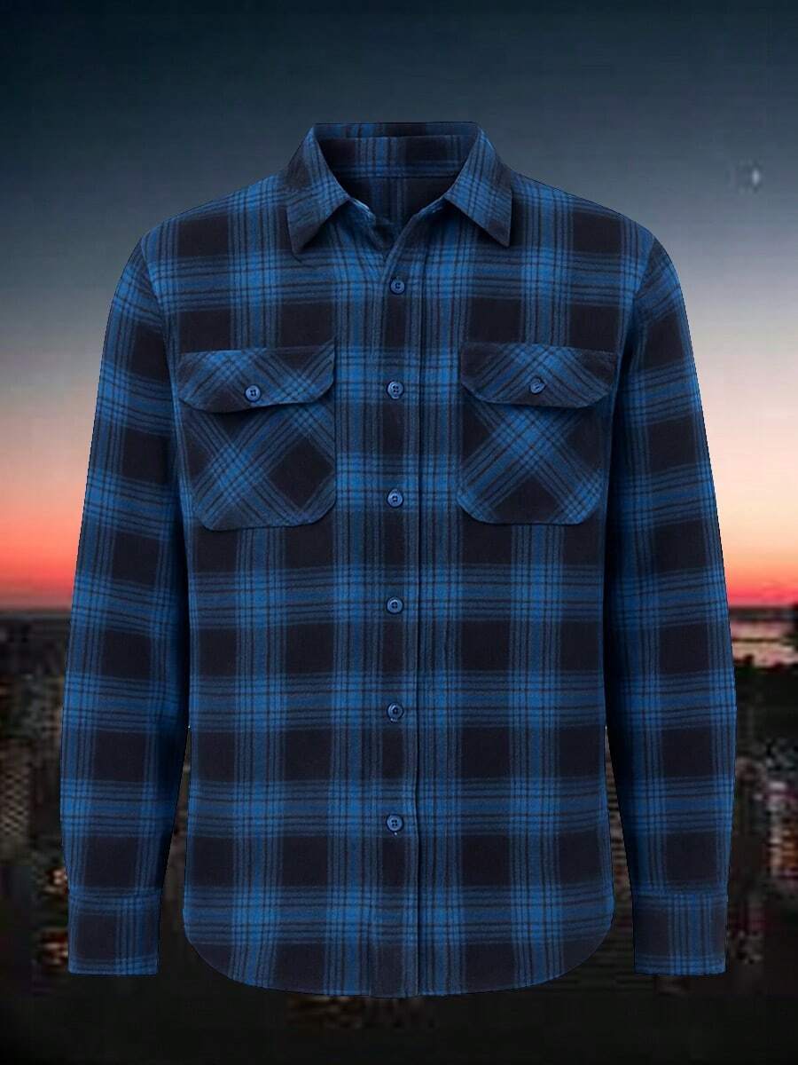 Mens Checkered Flannel Front Button-Up Casual Long Sleeve Shirt Date Night Husband   Plaid    Fall  Spring  Spring/Fall  Winter  All    Regular Fit    Button - Navy Sky - View 1