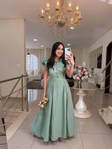 Elegant Long Dress With Puff Sleeves And Front Buttons – Sophisticated Look For Parties And Events - 0.霧綠 - 查看 2