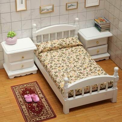 1Set Dollhouse Mini Bedroom Set, Single Bed With Ditsy Flowers And White Bedside Table, Fashionable, Creative And Cute Country Style, Micro-Mold Decoration, Mini Furniture, Home Decoration, DIY Decorative Small Bed, Wonderful House Decoration