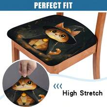 1/4/6/40 Stücke Halloween-Thema Kleine Katze im Hexenkostüm bedruckte abnehmbare Vollbezug Stretch Milchfaser Stoffstuhlbezüge, Restaurantstuhlbezüge - Quadratische Sitzkissen Bezüge für Restaurant, Küche, Esszimmer, Hotel Sitzbezüge, abnehmbare weiche Kissen Stuhlbezüge