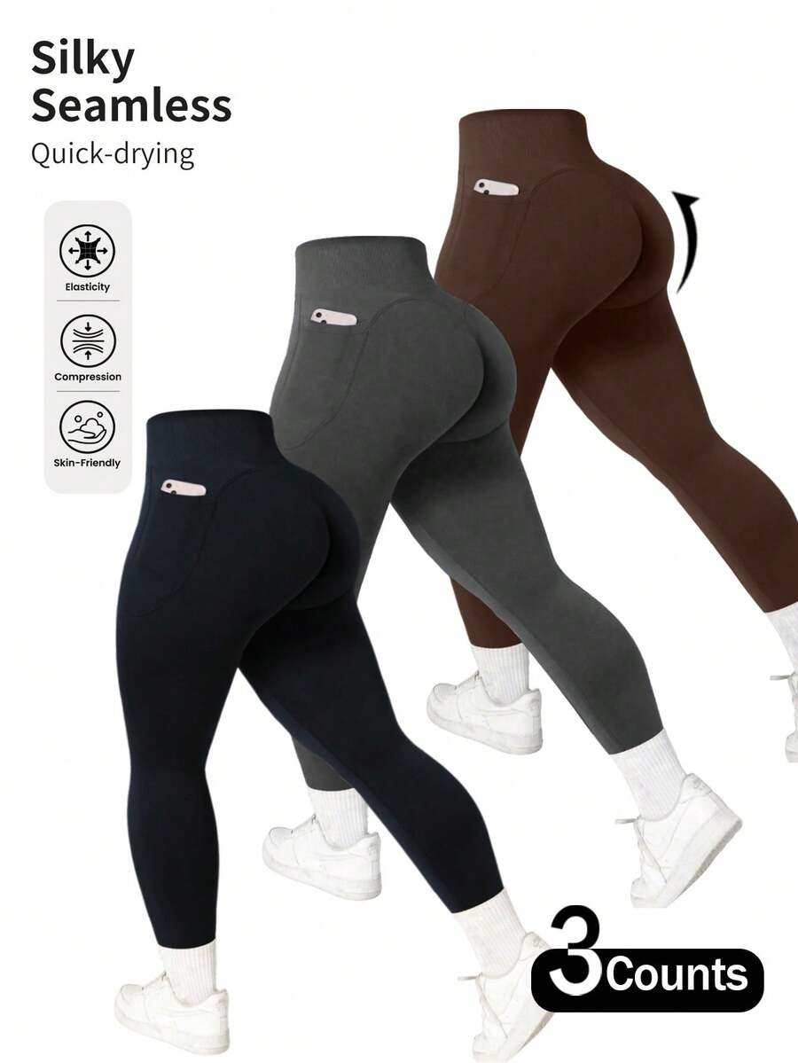 Three-Piece Set Of Plus-Size Women's High-Waisted Yoga Pants With Side Pockets, High-Elastic Belt, Abdominal Control, Anti-Squat, Quick-Drying Compression Leggings, Suitable For Pilates Workouts In The Gym - 黑色+灰色+棕色 - 查看 1