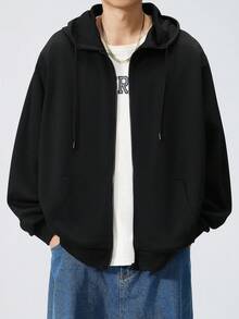 加大码黑色连帽休闲卫衣，适合秋冬季节穿着，长袖上衣 - 黑色 - 查看 7