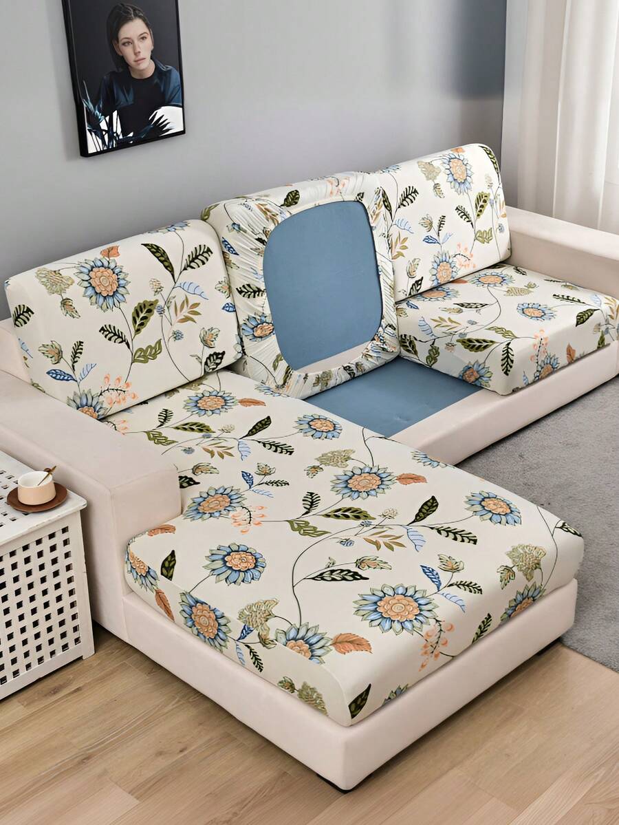 1 件防滑弹力装饰沙发垫套，牛奶丝面料花卉印花，色彩鲜艳，有单人/双人/三人/四人座尺寸可选，适合春、夏、秋、冬