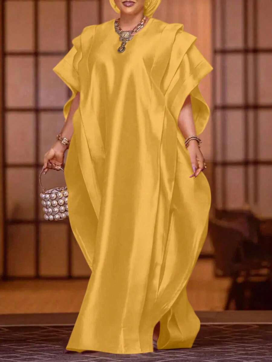 大码优雅纯色连衣裙，适合夏季派对穿着 - 黃色 - 查看 1