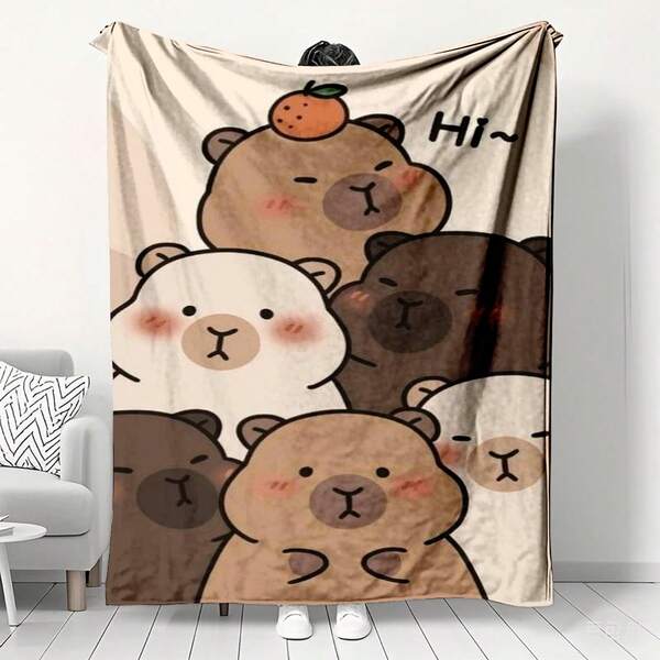 1PC Cute Capybara Printed Flannel Blanket, Machine Washable, Soft, Warm, Portable, Suitable For Bed, Travel, Camping, Bedroom, Living Room, Home Decoration, Office, Sofa Or Chair, Perfect For Office Napping Carpet, Air Conditioning Leisure Carpet, Family Vacation Gift Mat, Outdoor Sand Bed