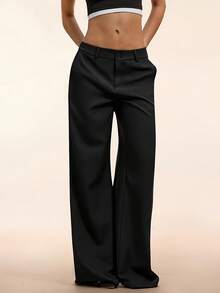 CharmGlow Simple Deep Gray Straight Leg High-Waisted Wide-Leg Women's Trousers - Black - View 3
