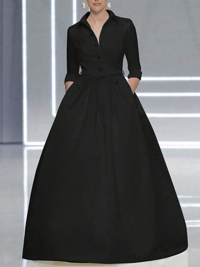 Vestido elegante de color liso con bolsillos y cuello