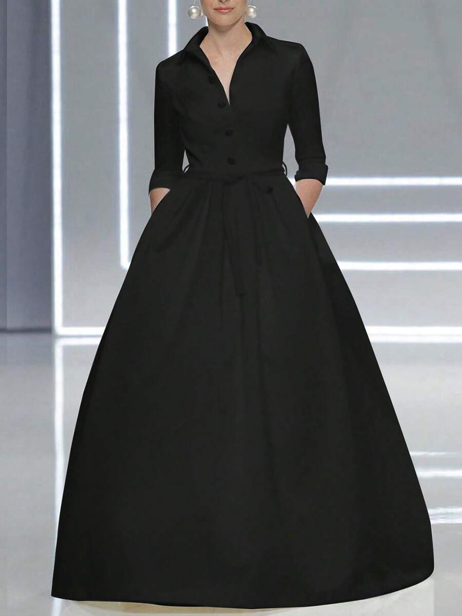 优雅纯色口袋领连衣裙 - 黑色 - 查看 1