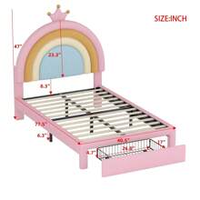 Twin Size Rainbow Velvet Bed - Princess Style Upholstered Platform With Hidden Storage Drawer, Playful Pink & Multicolor Accents