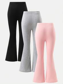 Calças boca de sino para meninas, 3 peças, pretas, cinzas e rosa, estampadas com corações, elásticas, tecido macio, ideal para atividades ao ar livre, Dia dos Namorados, combinação de irmãs, roupas para meninas - Multicolorido - Ver 2
