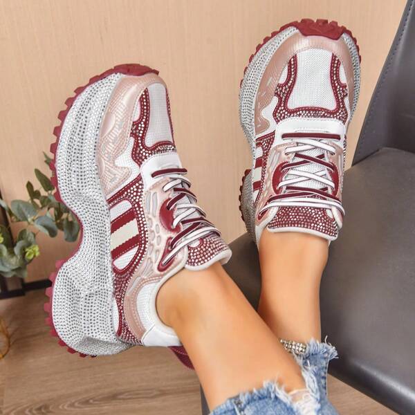 Women's Rhinestone Thick Sole Chunky Sneakers, 2025 New Ins Mesh Breathable Platform Casual Shoes