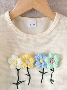 2 件套女婴波西米亚风格花卉装饰圆领长袖 T 恤上衣和花卉装饰喇叭腿牛仔裤套装 - 杏色 - 查看 4