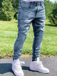 1pc Men's Blue Elastic Skinny Fit Distressed Versatile Jeans, Outdoor Comfortable Casual Cargo Slim Fit Jeans, Suitable As Gift For Husband/Boyfriend, Daily Wear, Emo Style - Light Wash - View 2