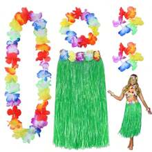 A Set Hula Outfits Hawaiian, Hawaiian Flower Skirts For Women Dress Outfits Tropical Grass Skirts Fortuning'S Costume For Beach Party Favors Halloween Cosplay,Grass Skirt Flower Accessories In Yellow, Green, And Rose Red.