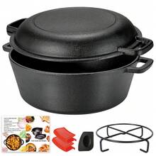 2-In-1 Pre-Seasoned Cast Iron Dutch Oven Pot With Skillet Lid Cooking Pan, Cast Iron Skillet Cookware Pan Set With Dual Handles Indoor Outdoor For Bread, Frying, Baking, Camping, BBQ, 5QT - màu đen - Xem 2