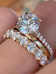 Bộ 3 chiếc nhẫn xếp chồng thanh lịch, đính đá Cubic Zirconia hình giọt nước lấp lánh, tượng trưng cho sự lãng mạn và sang trọng, thích hợp để đeo hàng ngày, cũng là món quà tuyệt vời cho Tết Nguyên Đán. - Vàng - Xem 3