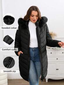 Giolshon 女士优雅简约蓬松连帽夹克 - 舒适度过秋冬，同时保持时尚 - 黑色 - 查看 2